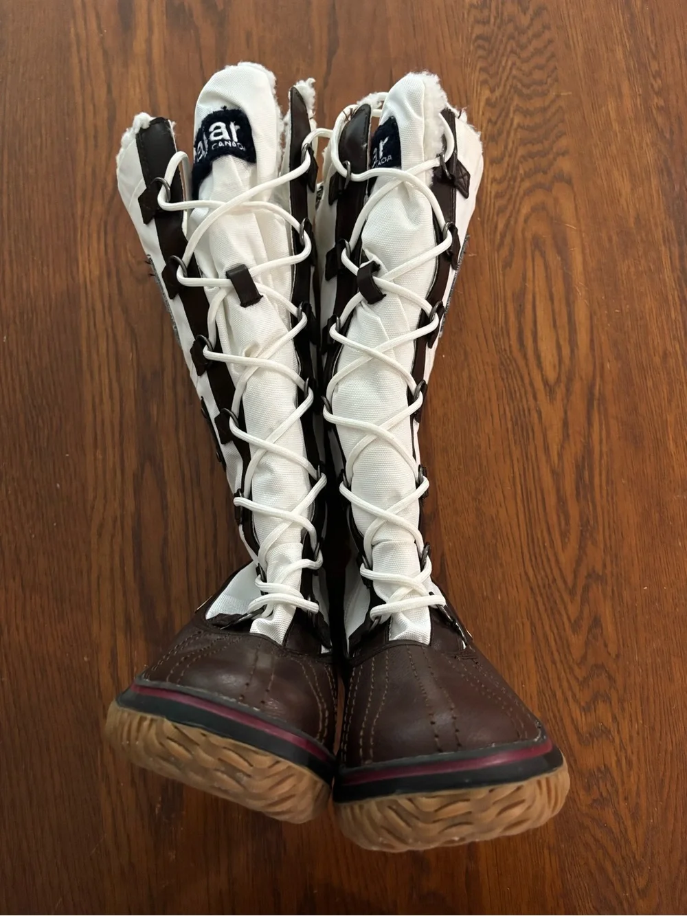 Pajar White and Brown Tall Lace-Up Winter Boots with Sherpa Trim